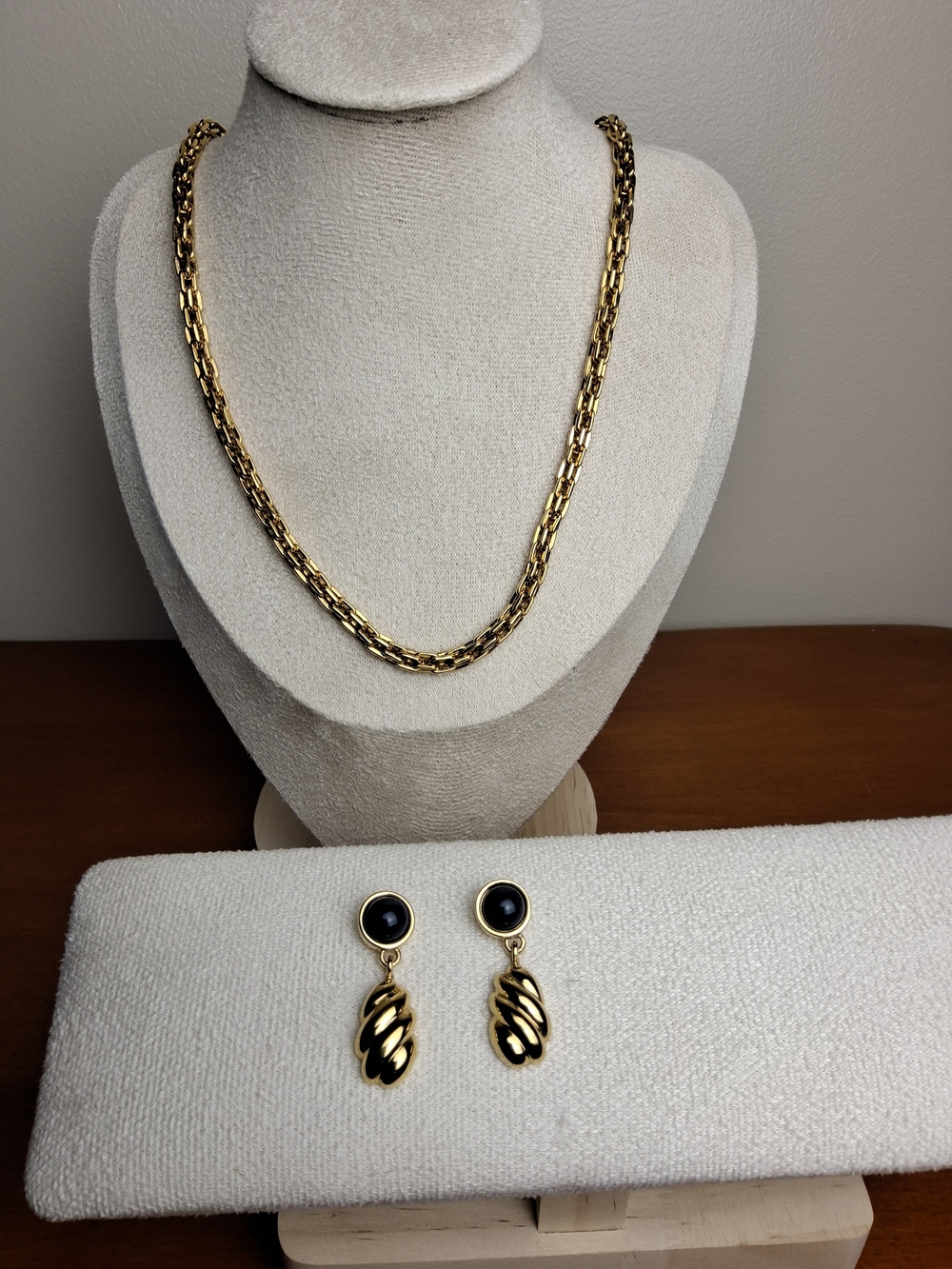 Monet Gold Tone Chain Necklace with Black Accent Drop Earrings